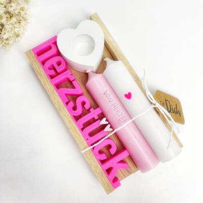 Herzstück Geschenkset. Kerzen, Kerzenhalter, Schriftzug. Handmade Geschenke.