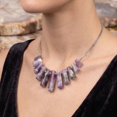 Statement Collier aus Amethyst und Edelstahl – Einzigartige Kette, handgefertigt, ca. 45 cm