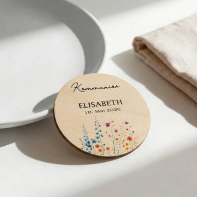 Platzkarte Kommunion Konfirmation Jugendweihe Holz 6cm – Name Datum oder Gastname – Tischdeko – Wildblumenwiese