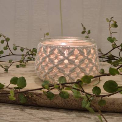 Makramee Teelicht - Windlicht 5cm ✦ Handgefertigt ✦ Boho Deko Naturweiß ✦ Mischocreations