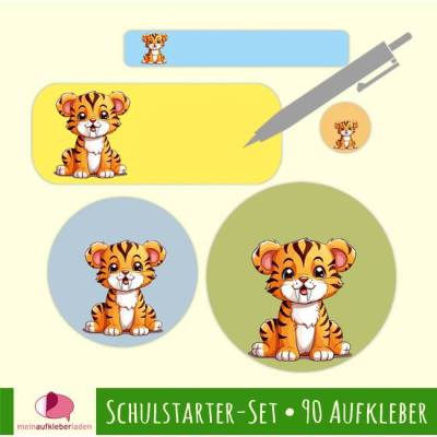 Schulstarter-Set Säbelzahntiger – 90 wasserfeste Namensaufkleber zum Selbstbeschriften für Kinder, spülmaschinenfest & PVC-frei