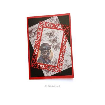 Steampunk Hund Grußkarte rot schwarz – Vintage Faltkarte mit Umschlag 14,5x10,5 cm