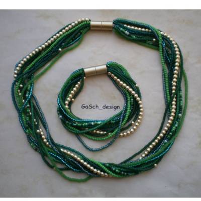 Set * Fädelkette und Armband * Strippenzieher in dunkelgrün goldfarben
