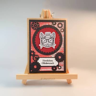 Steampunk Glückwunschkarte Katze – Vintage Grußkarte orangebraun & schwarz mit Umschlag, 16,5 x 12 cm