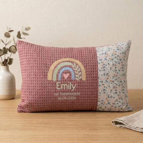 Personalisiertes Kissen zur Kommunion oder Konfirmation mit Regenbogen – bestickt, 25 x 40 cm, Geschenkidee