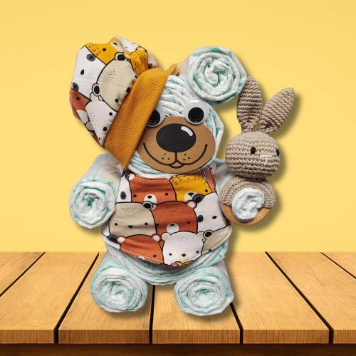 Handgemachte Windeltorte Bär | Geschenk zur Geburt neutral | Babygeschenk personalisiert | Windeltorte mit Mütze, Halstu