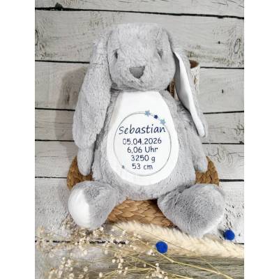 Kuscheltier Hase Plüschtier Plüschhase mit Namen und Geburtsdaten Sterne Geschenk Geburt Taufe Geburtstag personalisiert