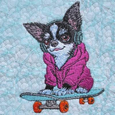 Chihuahua Stickdatei schwarz/weiß 12-14x18cm – Skater Hund mit Hoodie & Kopfhörer