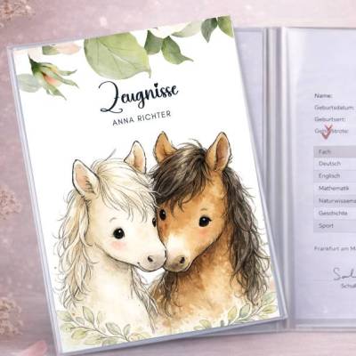 Süße Zeugnismappe für Mädchen | Pferde - Motiv | Einschulung & Schulanfang Geschenk | 26-54