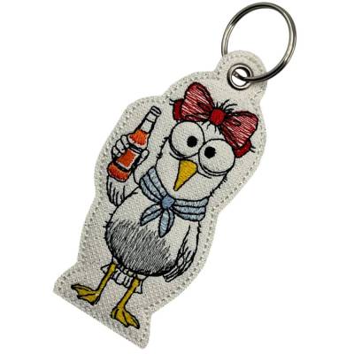 Schlüsselanhänger Möwe mit Flasche / Gestickt / Taschenbaumler / Stickerei / Besondere Geschenkidee