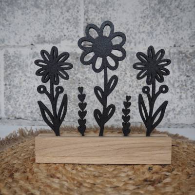 Blumenwiese Deko aus Holz & 3D-Druck – moderner Blumen Aufsteller, PLA & Eiche, lokal gefertigt in Bayern