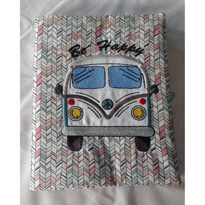 Handgemachte Buchhülle Van Bus Fan mit Ringbuch bunt  – bestickt & genäht aus Baumwolle