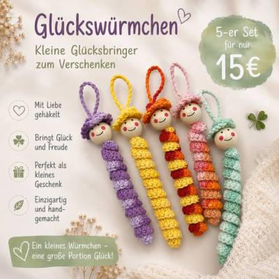 5-er Set Bunte Sorgenwürmchen / Glückswürmchen / Häkelwürmchen / Talisman / Schlüsselanhänger / Echte Handarbeit