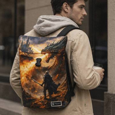 Rucksack Rolltop Drache – handgemachter Laptoprucksack 15,6 Zoll, wasserabweisend, Fantasy Design, Unikat Gamer Geschenk