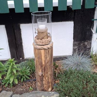 Holzbalken Eiche Altholz mit Windlichtglas Kerzenhalter 