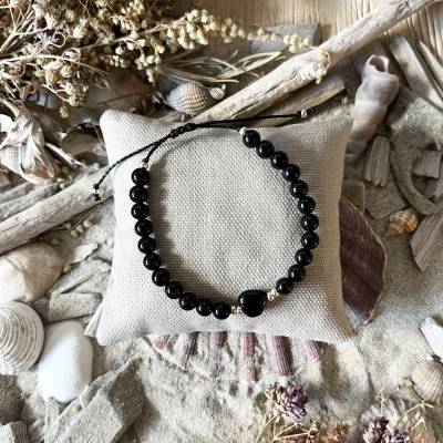 „Dark Heart“ - Edelstein-Armband mit Onyx und silberfarbenen Rocailles