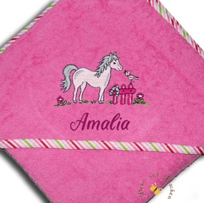 Kapuzenbadehandtuch 80 cm x 80 cm personalisiert mit Wunschnamen bestickt mit Pferde-Motiv
