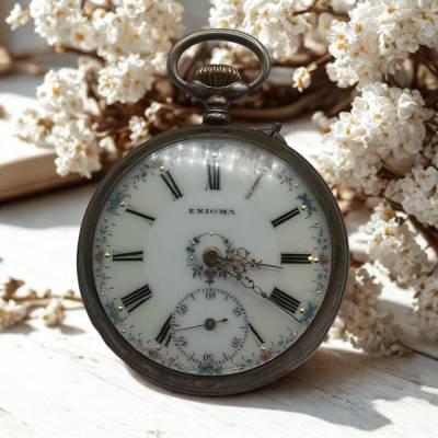 Antike ENIGMA Silber-Taschenuhr Schweiz um 1910 – Emaille-Zifferblatt & Blütendekor
