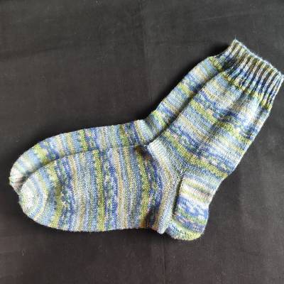 Handgestrickte Socken Gr.44/45 geringelt in Blau/Grün/Beige
