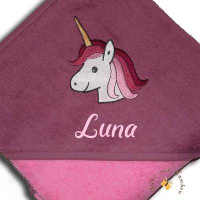 Kapuzenbadehandtuch 100 cm x 100 cm personalisiert mit Wunschnamen bestickt mit Stickmotiv Einhorn