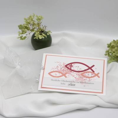 Personalisierte Konfirmationskarte mit Geldfach - moderne christliche Karte mit Fischsymbol Rosé