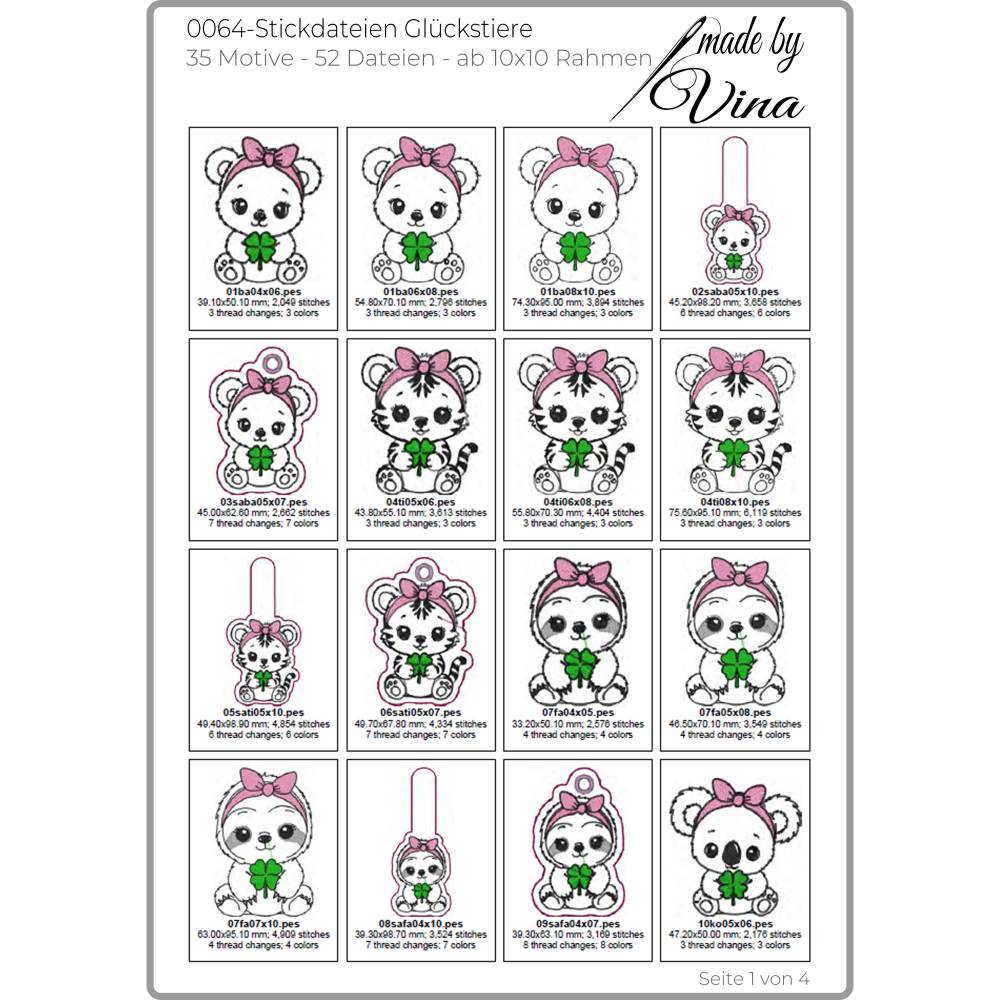 Stickdateien Glückstiere: 35 Kawaii Tiermotive & ITH Anhänger ab 10x10 cm – made by Vina Bild 3