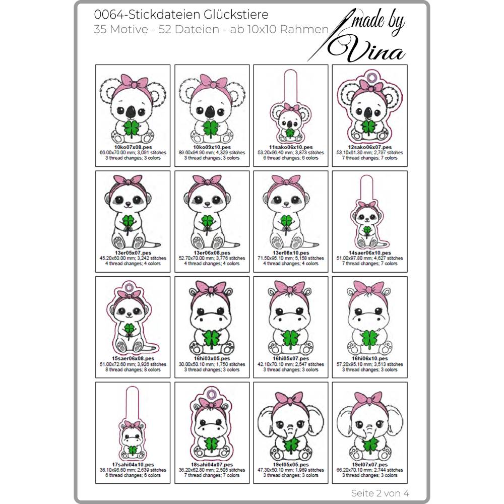 Stickdateien Glückstiere: 35 Kawaii Tiermotive & ITH Anhänger ab 10x10 cm – made by Vina Bild 4
