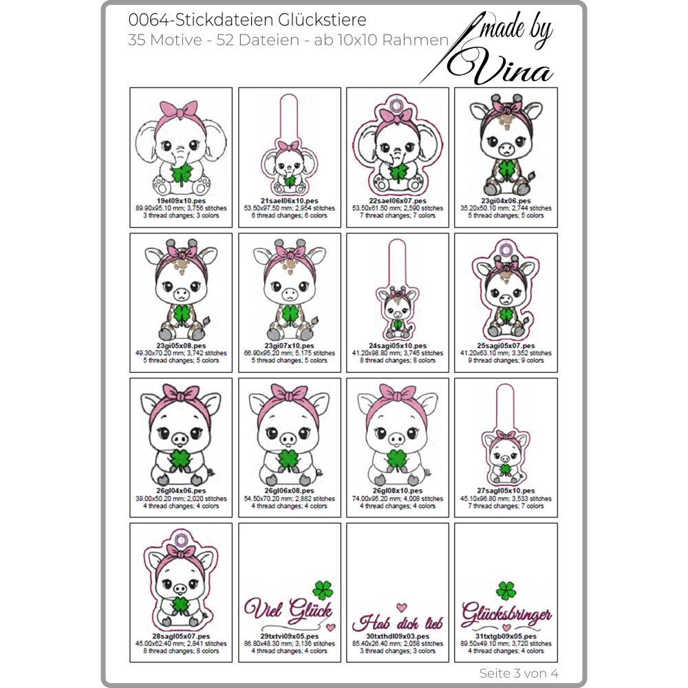 Stickdateien Glückstiere: 35 Kawaii Tiermotive & ITH Anhänger ab 10x10 cm – made by Vina Bild 5