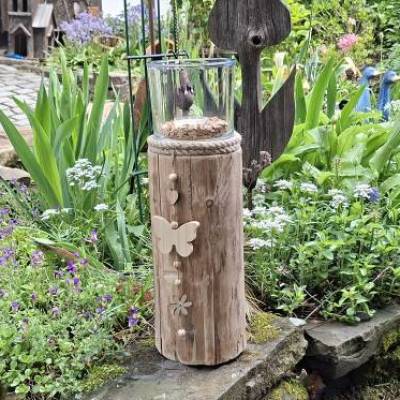 Holzbalken Altholz mit Windlichtglas Kerzenhalter 