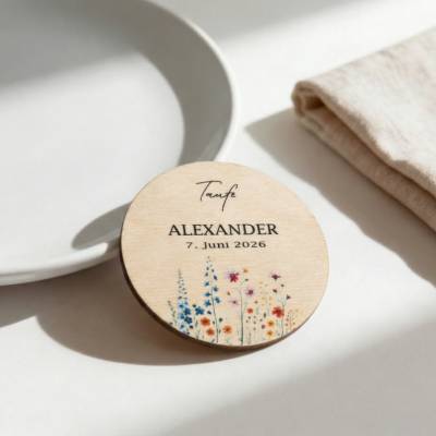 Platzkarte Taufe aus Holz 6cm rund – personalisiert mit Namen oder Datum – Tischkarte Gastname – Wildblumenwiese