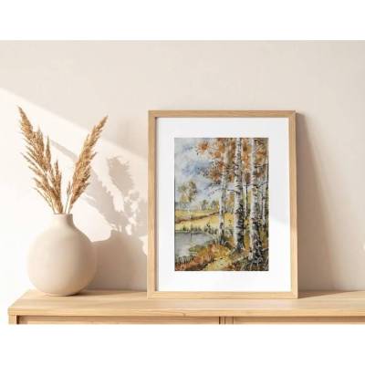 Aquarellbild Birken im Herbst