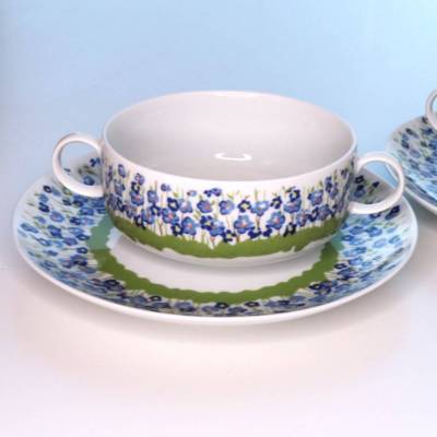 Vintage Geschirr Set Suppentassen Terrine Melitta Karstadt Streublumen Blumen Muster Blau Kuchenteller Untertasse Tassen