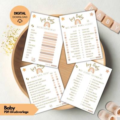 Bundle 4 Baby Shower Spiele PDF zum Ausdrucken – 4 Babyparty Spiele Set | Hey Baby Printable | Gender Reveal Party Spiel