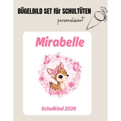 Set für Schultüte: Bügelbild Reh Blumenkranz *personalisiert Wunschname