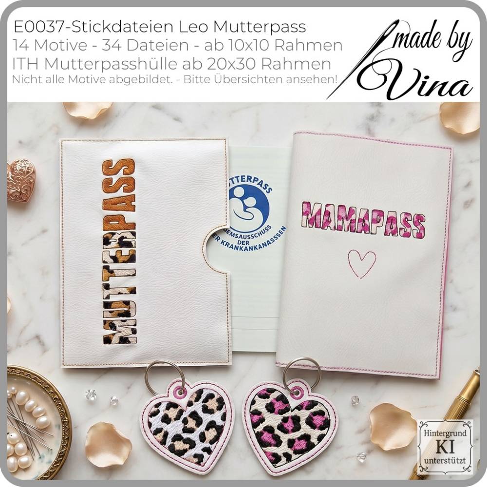 ITH Mutterpasshülle Leo – 14 Stickmotive, 34 Dateien, 3 Größen ab 20x30 Rahmen – Vina Stickdateien Bild 2
