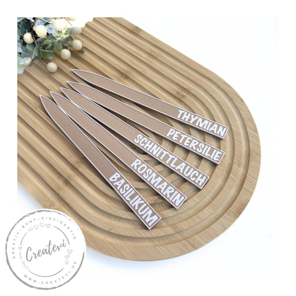 Kräuterstecker creme mit weißer Schrift aus PETG – dezente Pflanzenstecker für Kräuterbeet Balkon Blumentopf