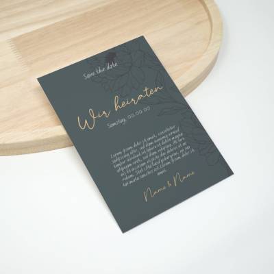 Personalisierte 50 Save the date Karten 02, Pfingstrose | A6 Einladungskarte | Salbeigrün goldfarben