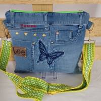 Jeans-Upcycling Crossbag, "Spring Denim"Umhängetasche, Schultertasche,Handmade aus gebrauchten Jeans