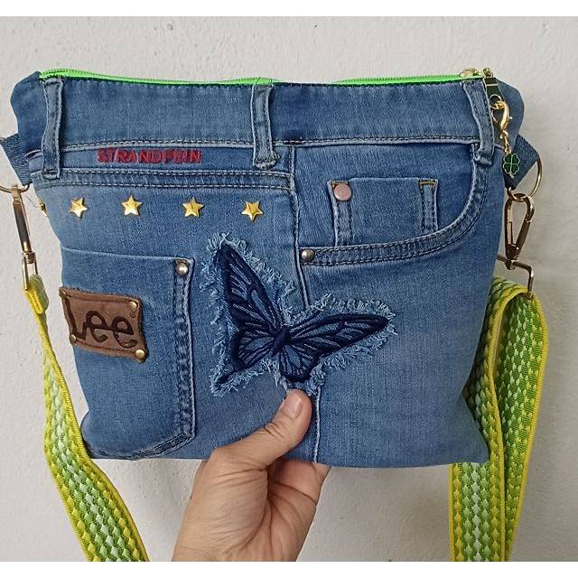 Jeans-Upcycling Crossbag, "Spring Denim"Umhängetasche, Schultertasche,Handmade aus gebrauchten Jeans Bild 3