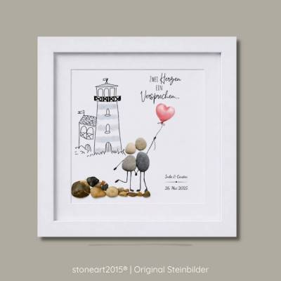 Steinbild Hochzeitsgeschenk "Zwei Herzen, ein Versprechen"  - Leuchtturm Motiv - personalisierbar