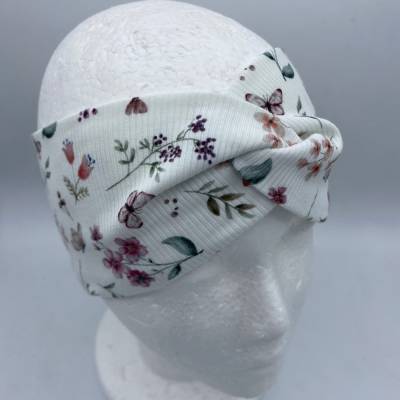 Stirnband KU 45-49 cm – Boho Haarband aus Rippjersey mit Blumen & Schmetterlingen, Bandeau Vintage