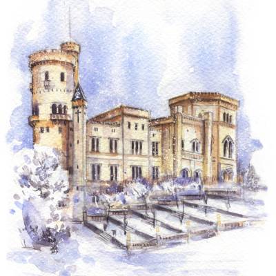 Aquarellansicht des Schlosses Babelsberg