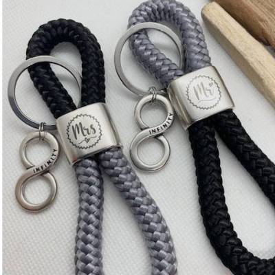 2 Schlüsselanhänger aus Segelseil/Segeltau, Mr. und Mrs., Hochzeitsgeschenk, grau/schwarz