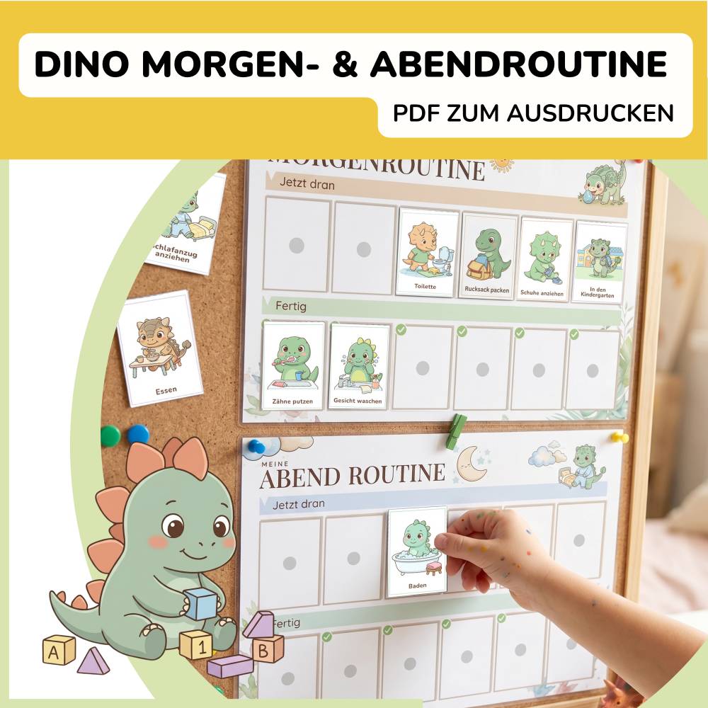 Morgen & Abendroutine für Kinder Dino, Routineplan, Morgenroutine Kinder Dinosaurier, Routinekarten PDF, Tagesplan zum A Bild 1