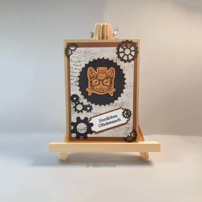 Steampunk Glückwunschkarte Katze – Vintage Grußkarte orangebraun & schwarz mit Umschlag, 16,5 x 12 cm