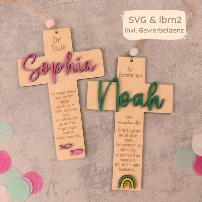 Laserdatei Kreuz für Taufe, Kommunion, Konfirmation und Firmung.  Enthalten in SVG und LightBurn Datei für ein personali