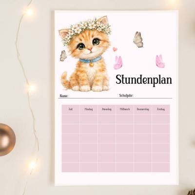 Digitaler Stundenplan Kätzchen mit Blumenkranz, Boho Watercolor Design für die Schule, Printable PDF  