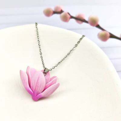 Magnolienblüten Anhänger Kette Polymer Clay Rosa Blüten Anhänger Schwarzes Nylonband Individuelle Länge