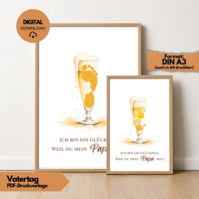 Vatertag Geschenk Glückspils Bier Handabdruck Vorlage PDF für Papa, Fußabdruck Poster, bester Papa, Download, Geburtstag