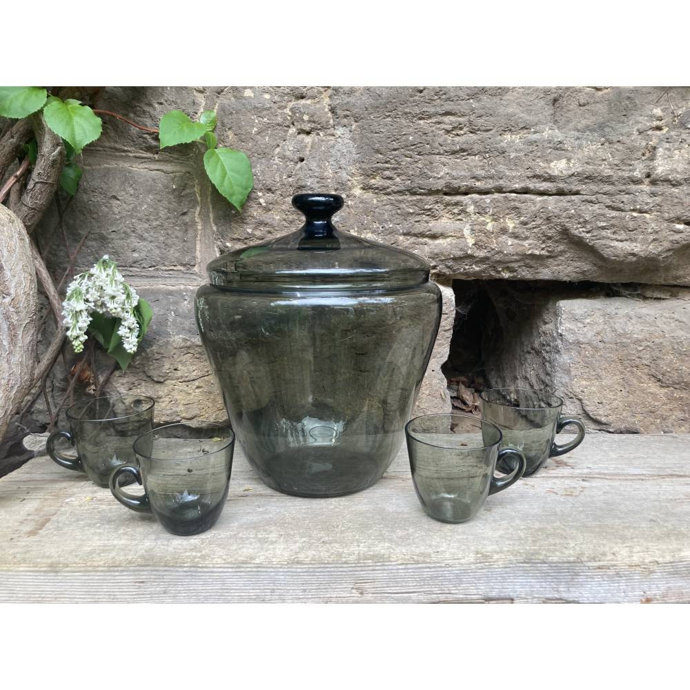 5 tlg. Bowleset Punsch Set Rauchglas Schüssel 4 Gläser 50er 60er Jahre DDR